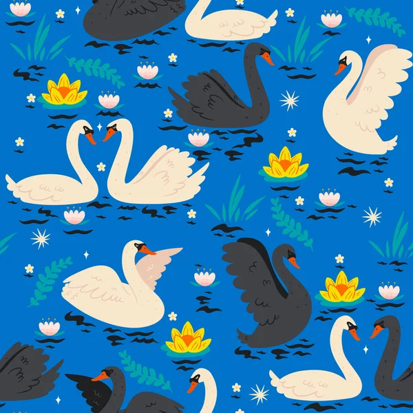 Seamless pattern with swans on the pond. Vector image.