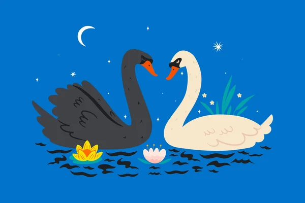 Postal Con Cisnes Estanque Imagen Vectorial — Vector de stock