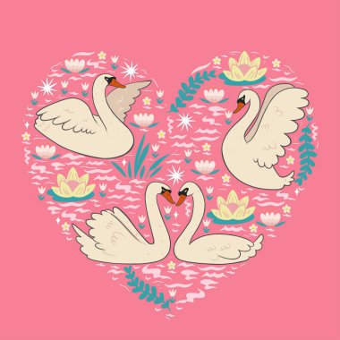 Gölette kuğular olan bir kartpostal. Vektör resmi.