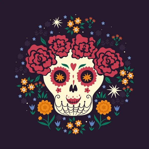 メキシコ人の少女の骨格 死者の日の気分 ベクトル画像 — ストックベクタ