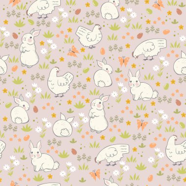 Paskalya desensiz, tatlı piliçler ve tavşancıklar. Vektör resmi.