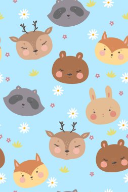 Mavi arka planda orman hayvanları ve çiçeklerle kusursuz desen. Vektör resmi.