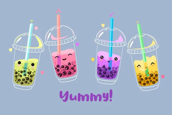 Postkarte Mit Kawaii Bubble Tea Vektorbild — Stockvektor