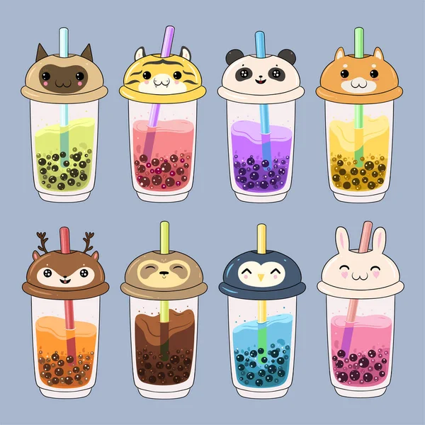 Set Kawaii Bubble Tea Mit Tiergesichtern Vektorbild — Stockvektor