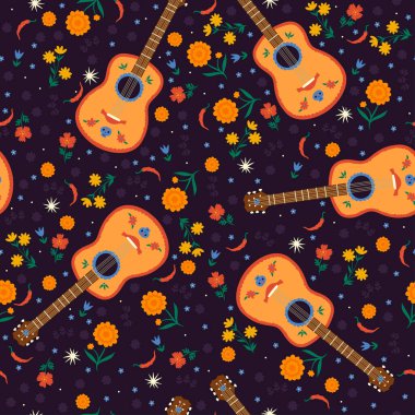 Gitarlar, biberler ve çiçeklerle kusursuz desen. Vektör resmi.