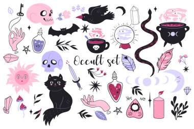 Beyaz arka planda izole edilmiş büyük büyülü eşyalar kümesi. Vektör resmi.