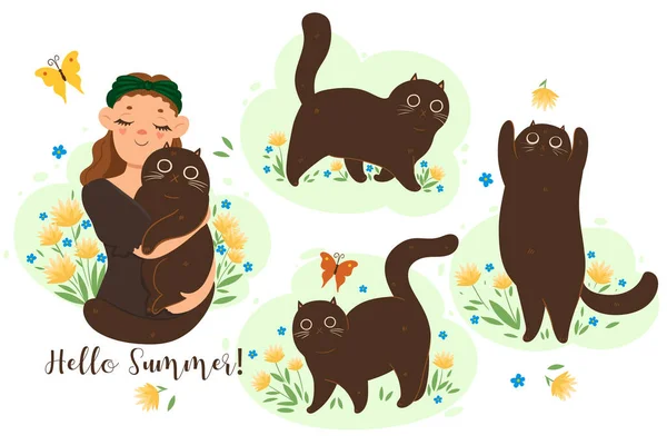 Conjunto Lindos Gatos Verano Imagen Vectorial — Vector de stock