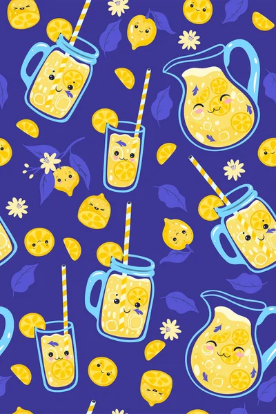 Kawaii Lemonade Seamless Pattern Blue Background Vector Image — Stock Vector