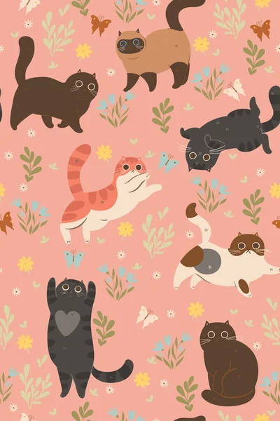 かわいい子猫や蝶のシームレスなパターン ベクトル画像 — ストックベクタ