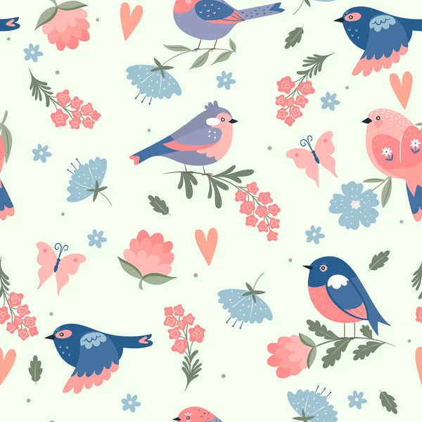 Cute Spring Birds Seamless Pattern Vector Image — Stock Vector