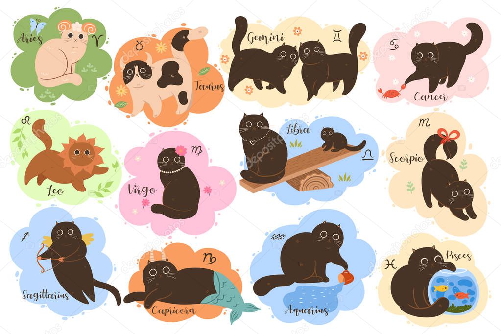 Set of cute kawaii zodiac cats. Vector collection of twelve zodiac signs: Aries, Taurus, Gemini, Cancer, Leo, Virgo, Libra, Scorpio, Sagittarius, Capricorn, Aquarius, Pisces.