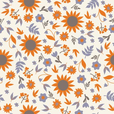 Çiçekler ve yapraklarla kusursuz desen. Vektör resmi.