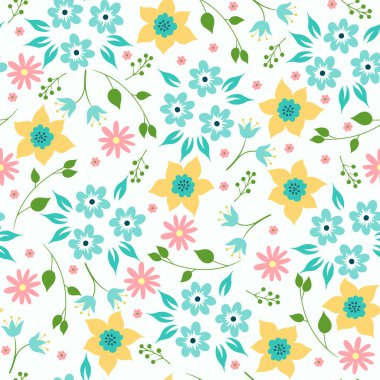 Çiçekler ve yapraklarla kusursuz desen. Vektör resmi.