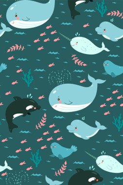 Şirin deniz hayvanlarıyla kusursuz desen. Vektör resmi.