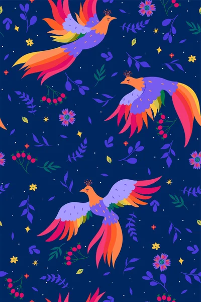Nahtloses Muster Mit Magischen Vögeln Auf Blauem Hintergrund Vektorbild — Stockvektor