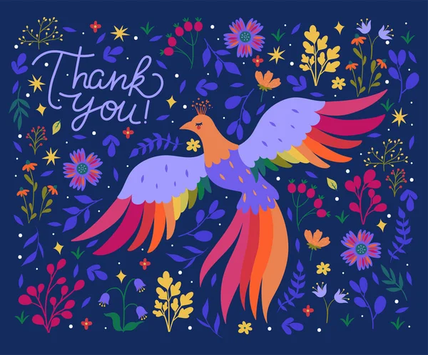 Postcard Fantastic Bird Flowers Thank You Vector Image — Stock Vector