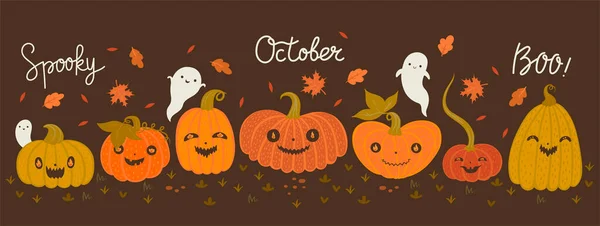 Bannière Avec Citrouilles Halloween Fantômes Image Vectorielle — Image vectorielle