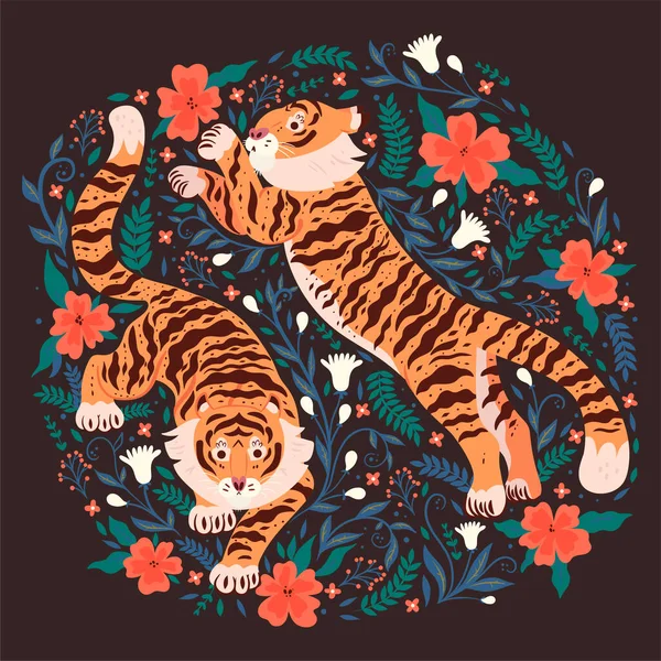 Carte Postale Avec Tigres Fleurs Sur Fond Sombre Image Vectorielle — Image vectorielle