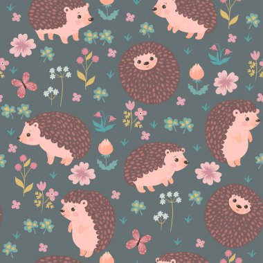 Şirin kirpiler ve çiçeklerle kusursuz desen. Vektör resmi.