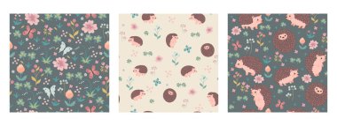 Şirin kirpileri ve çiçekleri olan kusursuz desenler. Vektör resmi.