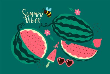 Yeşil arka planda karpuz olan bir kartpostal. Vektör resmi.