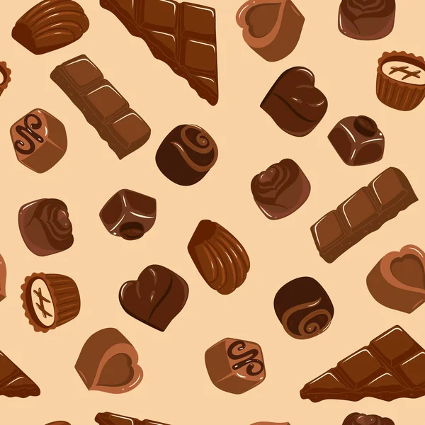 Patrón Sin Costuras Con Chocolates Trozos Barras Chocolate Imagen Vectorial — Vector de stock