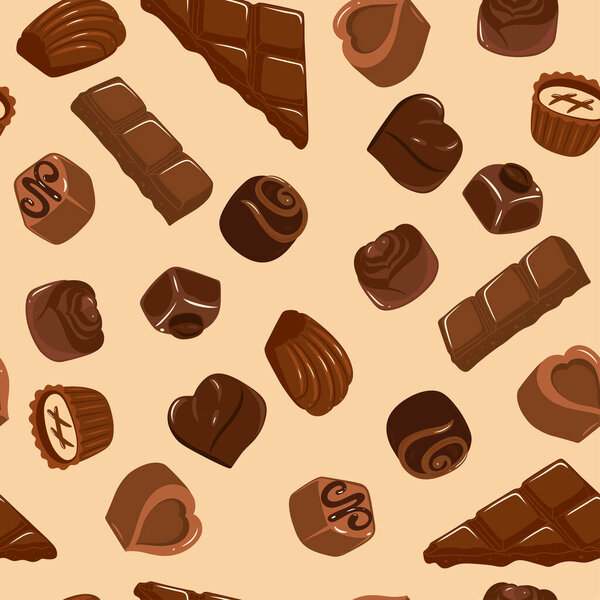 Seamless pattern with chocolates and pieces of chocolate bars. Vector image.