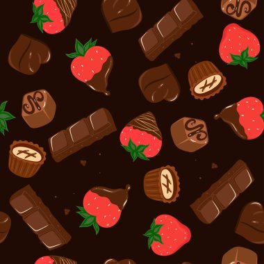 Çikolata ve çilekli kusursuz desen. Vektör resmi.