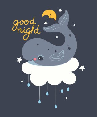 Bir balinayla bebek odası posteri. Vektör resmi.