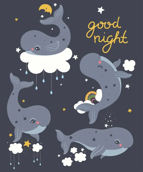 Set Cute Whales Sky Vector Image — Stock Vector