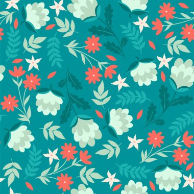 Çiçekler ve kelebeklerle kusursuz, basit bir çiçek deseni. Vektör resmi.