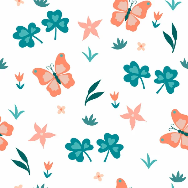 Nahtlos Einfaches Blumenmuster Mit Blumen Und Schmetterlingen Vektorbild — Stockvektor