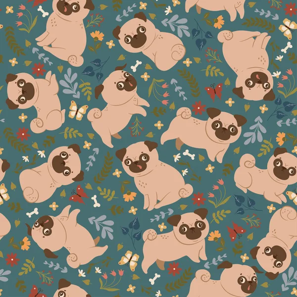 Seamless pattern with cute pugs and flowers. Vector image