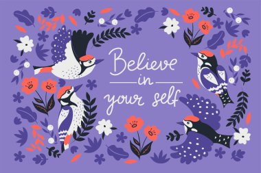 Ağaçkakanlar ve çiçeklerle dolu bir kartpostal. Vektör resmi.