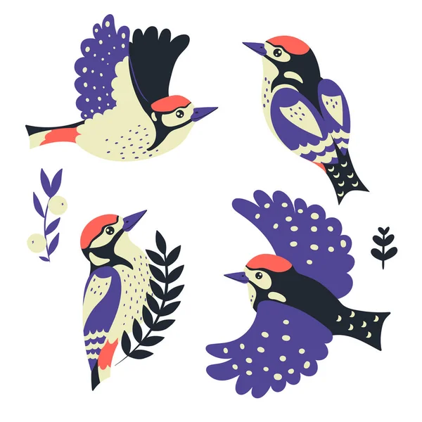 Woodpeckers Set Isolated White Background Vector Image — Stock Vector