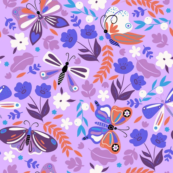 Seamless Pattern Butterflies Flowers Vector Image — Stock Vector