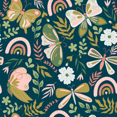 Kelebekler ve çiçeklerle kusursuz desen. Vektör resmi.