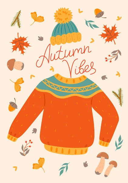 有毛衣和帽子的秋天卡片 矢量图像 — 图库矢量图片