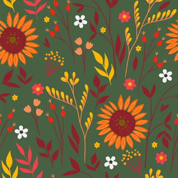 秋の花や葉とシームレスなパターン ベクトル画像 — ストックベクタ