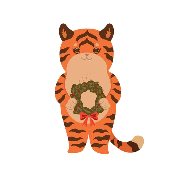 Lindo Tigre Sosteniendo Una Corona Navidad Aislada Sobre Fondo Blanco — Vector de stock