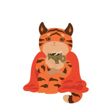 Kaplan beyaz arka planda tek başına kahve içer. Vektör resmi.