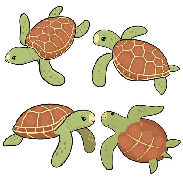 Conjunto Lindas Tortugas Marinas Aisladas Sobre Fondo Blanco Imagen Vectorial — Archivo Imágenes Vectoriales