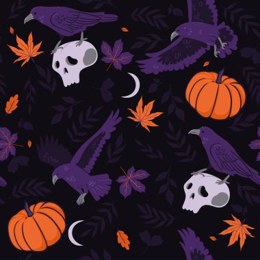 Halloween seamless pattern with crows, pumpkins and skulls. Vector image.