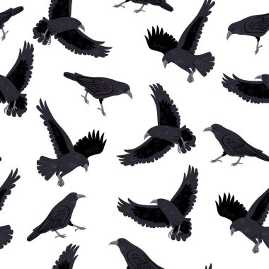 Seamless pattern with crows on a white background. Vector image.