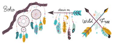 Beyaz arkaplanda boho tarzında tasarım elemanları var. Vektör resmi.