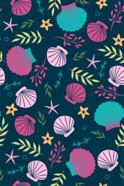 Deniz kabukları, algler ve deniz yıldızlarıyla kusursuz desen. Vektör resmi.