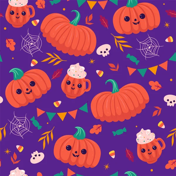 Halloween Sem Costura Padrão Com Abóboras Doces Imagem Vetorial —  Vetores de Stock