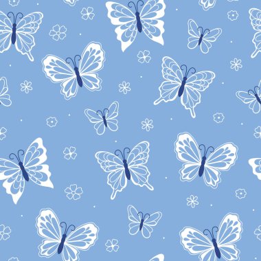 Seamless pattern with white lacy butterflies on a blue background. Vector image