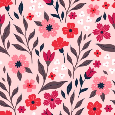 Açık pembe arka planda çiçekli pürüzsüz desen. Vektör resmi