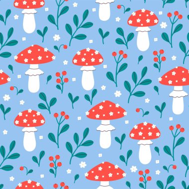 Mavi arkaplan vektör grafikleri üzerinde sineklik, böğürtlen ve çiçeklerin kusursuz deseni.